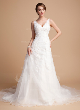 Ligne-A/Princesse Col V Traîne Chapelle Organza Satin Robe de Mariée avec Ondulé Dentelle Perlé (002000378)