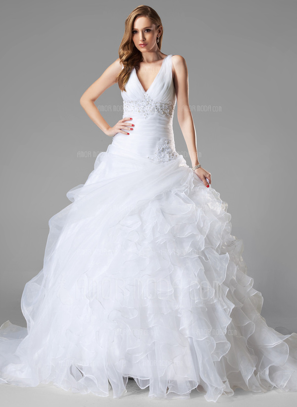 bal Col V Traîne Chapelle Organza Satin Robe de Mariée avec Ondulé lacet Perlé Sequins (002004781)