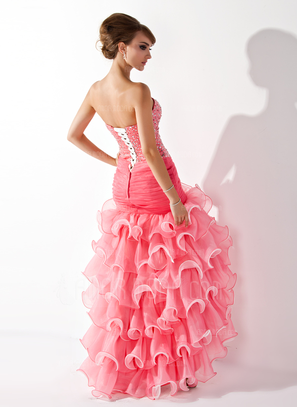 Sirene Cœur Assymetrique Organza Satin Robe de Bal de Promo avec Ondulé Brodé Pailleté (018005075)