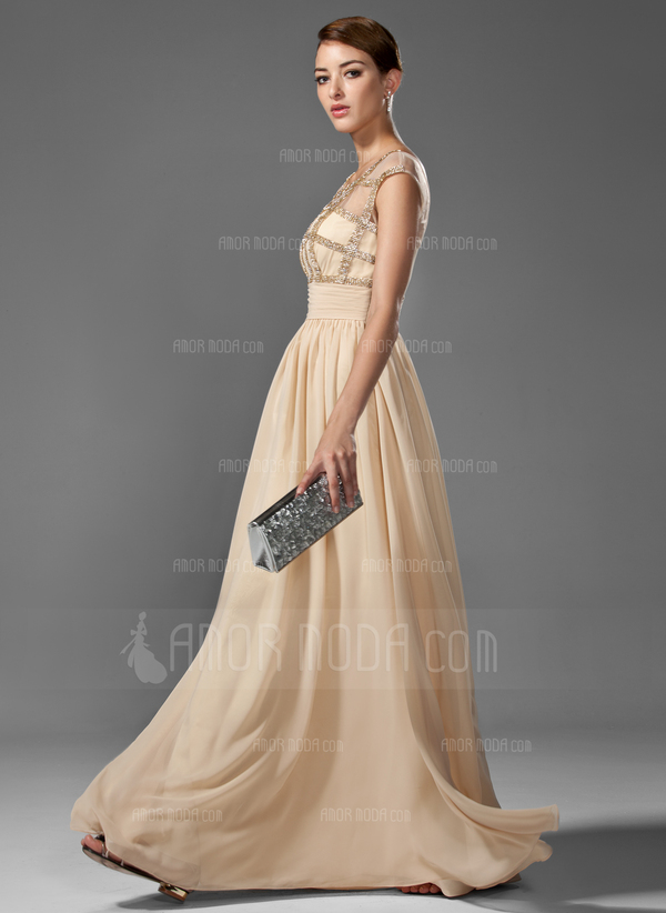 Ligne-A/Princesse Col rond Longeur au sol Mousseline Robe de Bal de Promo avec Ondulé Brodé (018005069)