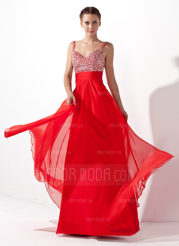 Ligne-A/Princesse Col V Longeur au sol Mousseline Robe de Bal de Promo avec Ondulé Brodé Pailleté (018005105)