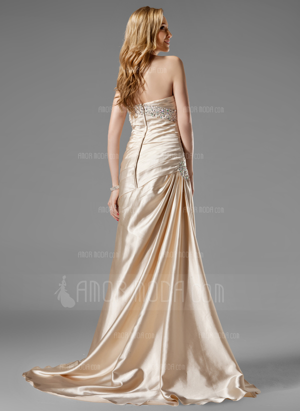 Gaine Cœur Traine longue Charmeuse Robe de Bal de Promo avec Ondulé Brodé Pailleté (018004806)