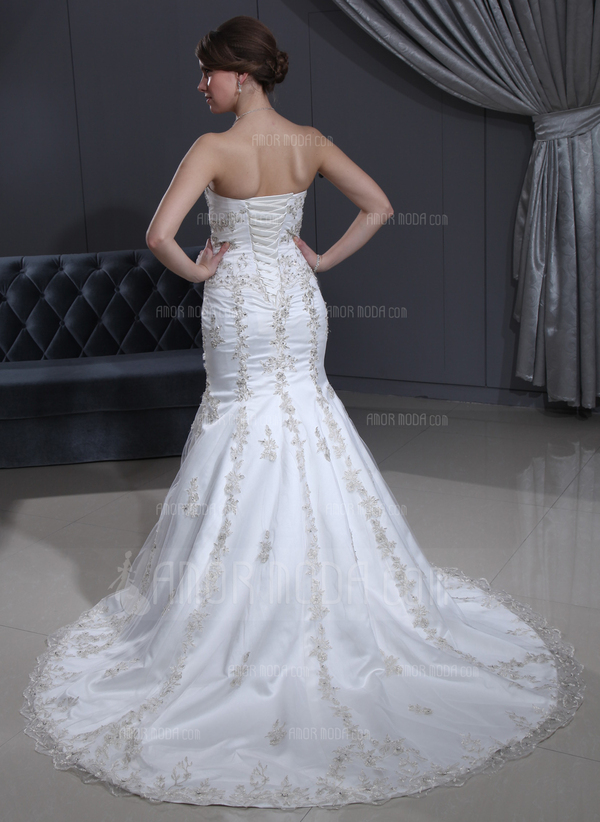 Sirene Cœur Traine courte Satin Tulle Robe de Mariée avec Dentelle Perlé (002000301)