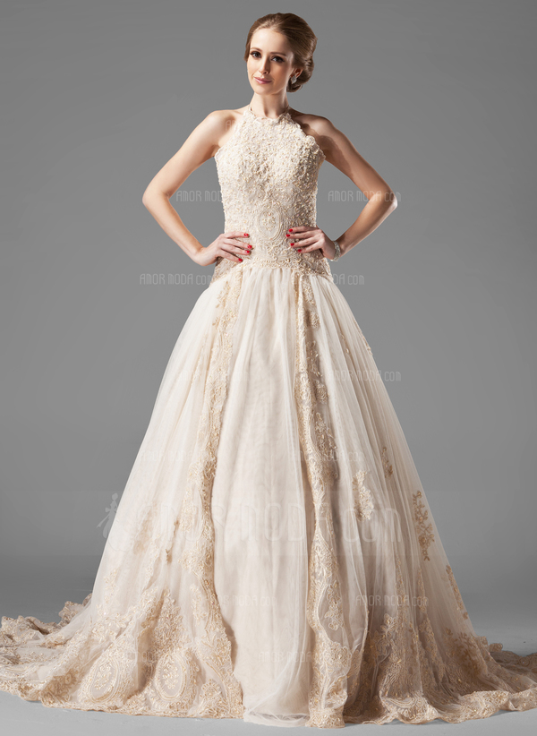 Ligne-A/Princesse Bretelles autour du cou Traîne Chapelle Satin Tulle Robe de Mariée avec Dentelle Perlé (002000154)