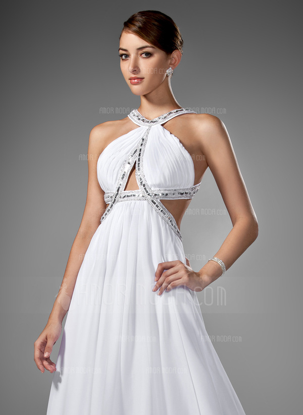 Empire Col rond Traine longue mousseline de soie Robe de Bal de Promo avec Ondulé Brodé (018002320)