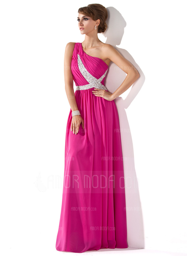 A-Lijn/Prinses Een-Schouder Vloerlengte Chiffon Avondjurken met Roes Kraal Lovertjes (017005592)