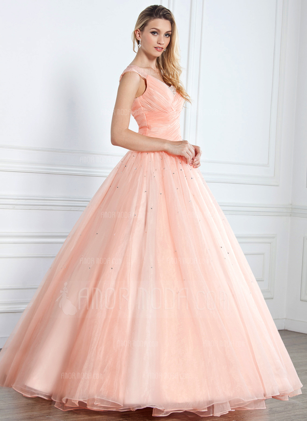 bal Col V Longeur au sol Organza satin Robe de Quinceanera avec Ondulé Brodé Pailleté (021002897)
