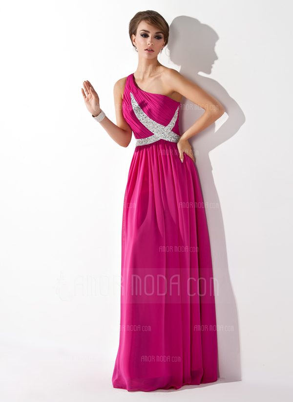 A-Lijn/Prinses Een-Schouder Vloerlengte Chiffon Avondjurken met Roes Kraal Lovertjes (017005592)