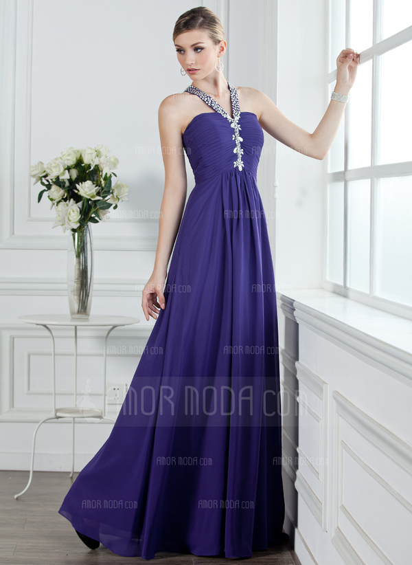 Ligne-A/Princesse Col V Longeur au sol Mousseline Robe de Bal de Promo avec Ondulé Brodé (018004956)
