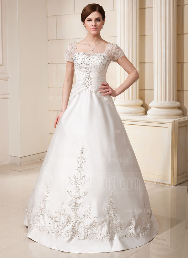 Ligne-A/Princesse Encolure carrée Longeur au sol Satin Tulle Robe de Mariée avec Broderie Ondulé Perlé Sequins (002012175)