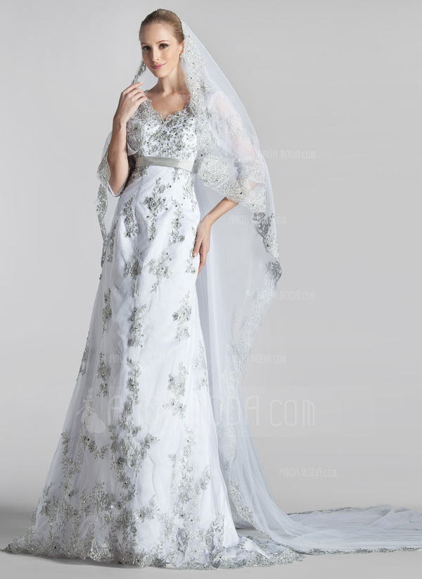 Ligne-A/Princesse Col V Traine courte Satin Dentelle Robe de Mariée avec Echarpes Perlé Sequins (002004151)