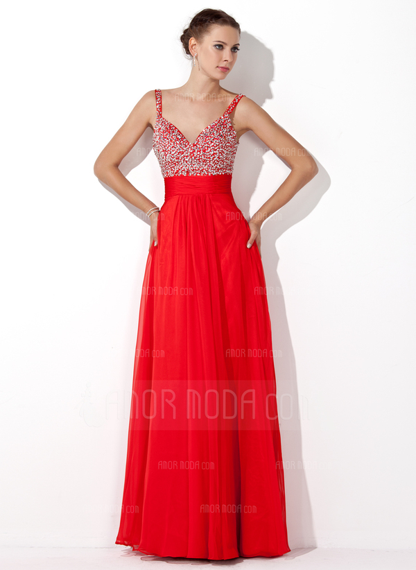 Ligne-A/Princesse Col V Longeur au sol Mousseline Robe de Bal de Promo avec Ondulé Brodé Pailleté (018005105)