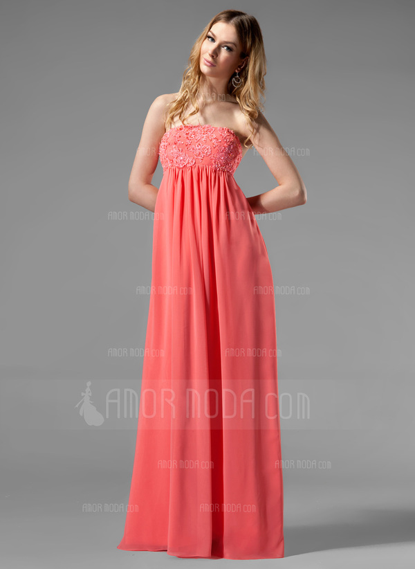 Keizer Strapless Vloerlengte Chiffon Vakantie Jurk met Roes Kant Kraal (020003264)