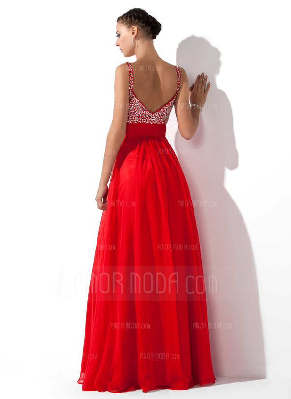 Ligne-A/Princesse Col V Longeur au sol Mousseline Robe de Bal de Promo avec Ondulé Brodé Pailleté (018005105)