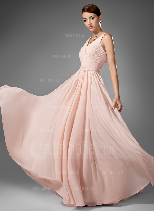 Ligne-A/Princesse Col V Longeur au sol Mousseline Robe de Bal de Promo avec Ondulé (018005068)