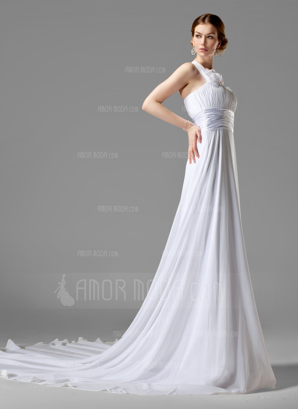 Empire Une epaule Traîne Chapelle Mousseline Charmeuse Robe de Mariée avec Ondulé Fleurs (002000447)