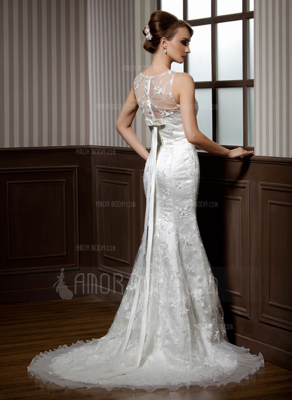 Sirene Col rond Traine courte Organza Satin Robe de Mariée avec Ondulé Dentelle Perlé (002011599)