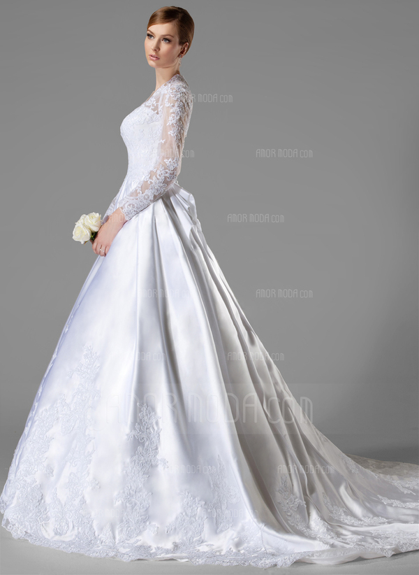 bal Col V Traîne Cathedral Satin Robe de Mariée avec Ondulé Dentelle (002004745)