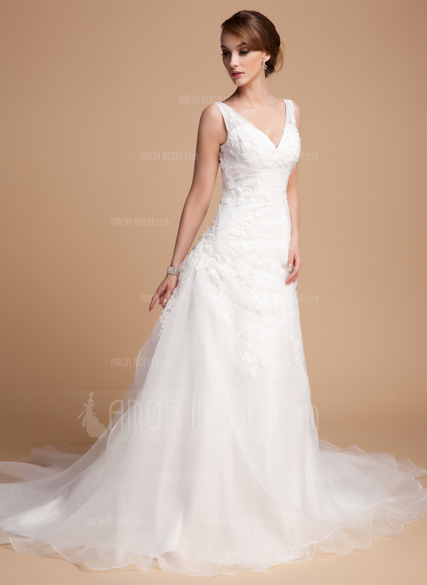 Ligne-A/Princesse Col V Traîne Chapelle Organza Satin Robe de Mariée avec Ondulé Dentelle Perlé (002000378)