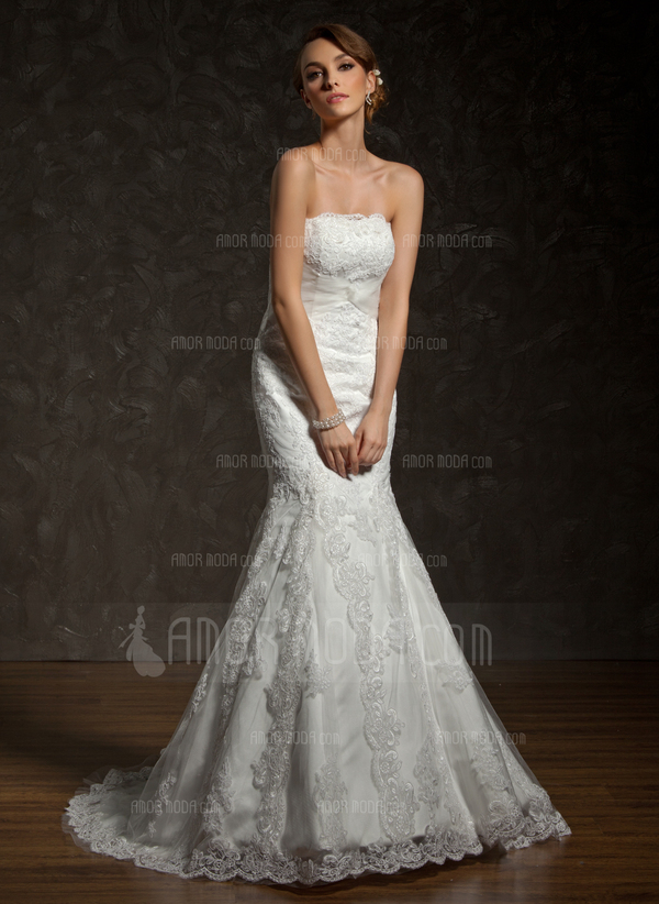 Sirene Sans bretelles Traîne Chapelle Satin Tulle Robe de Mariée avec lacet Perlé (002000634)