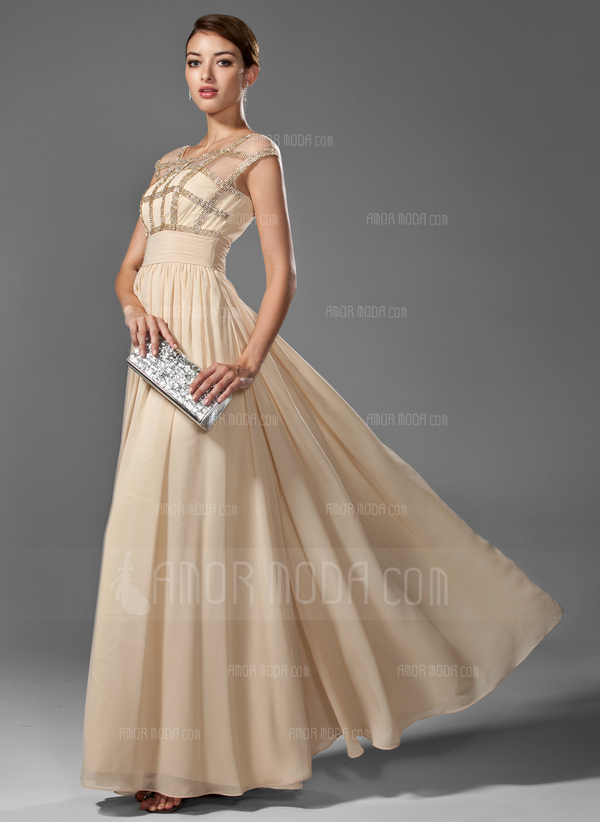 Ligne-A/Princesse Col rond Longeur au sol Mousseline Robe de Bal de Promo avec Ondulé Brodé (018005069)
