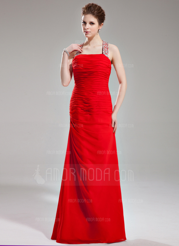 Nauwaansluitend Halter Vloerlengte Chiffon Avondjurk met Roes Beading Pailletten (017002264)