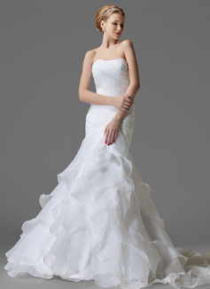 Robe de Mariée Sirene Une epaule Traine courte Organza Satin Robe de Mariée avec Ondulé Perlé Fleurs (002004150)
