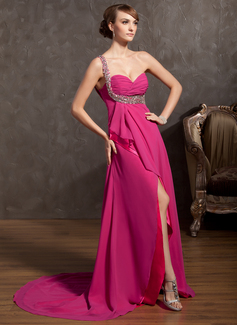 Robe de Bal de Promo Empire Une epaule Traine courte mousseline de soie Charmeuse Robe de Bal de Promo avec Ondulé Brodé Pailleté (018014847)