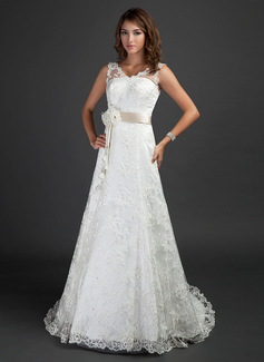 A-Line/Princess V-neck Court Train Satin Lace Wedding Dresses With Sashes Flower(s) (002000187)