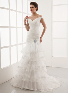 Robe de Mariée Ligne-A/Princesse Hors épaule Traine longue Organza Robe de Mariée avec lacet Broche florale en cristal (002012925)