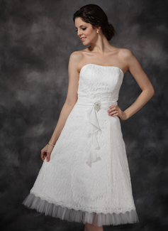 Robe de Mariée Ligne-A/Princesse Cœur Longeur à mi jambe Mousseline Tulle Dentelle Robe de Mariée avec Ondulé Broche florale en cristal (002021293)