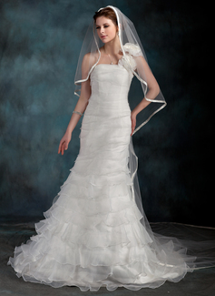 Robe de Mariée Sirene Une epaule Traine courte Organza Robe de Mariée avec Ondulé Fleurs (002000626)