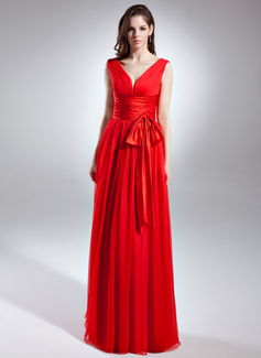Avondjurken A-Lijn/Prinses V-nek Vloerlengte Chiffon Satijnzijde Avondjurk met Roes (017015642)