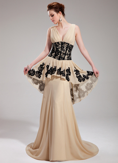 Vestidos de noche Corte A/Princesa Escote en V Cola corte gasa Vestido de noche con Volantes Encaje Cuentas Lentejuelas (017019759)