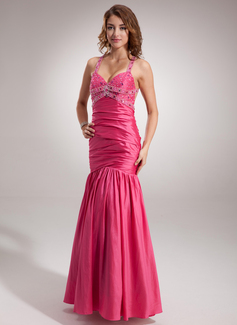 Robe de Bal de Promo Sirene Bretelles autour du cou Longeur au sol Taffetas Robe de Bal de Promo avec Ondulé Brodé (018002521)