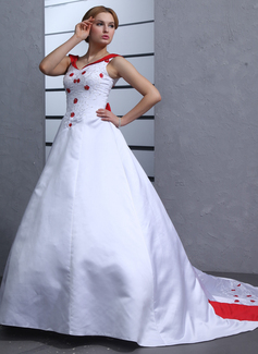 Robe de Mariée bal Hors épaule Traîne Chapelle Satin Robe de Mariée avec Broderie Echarpes Perlé (002011731)