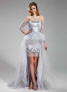 Robe de Bal de Promo Ligne-A/Princesse Cœur Assymetrique Tulle Charmeuse Robe de Bal de Promo avec Dentelle Brodé Pailleté (018019751)
