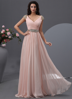 Robe de Bal de Promo Ligne-A/Princesse Col V Longeur au sol Mousseline Robe de Bal de Promo avec Ondulé Brodé (018022748)