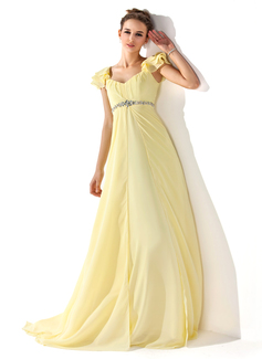 Robe de Bal de Promo Empire Col V Traine longue mousseline de soie Robe de Bal de Promo avec Ondulé Brodé (018021122)