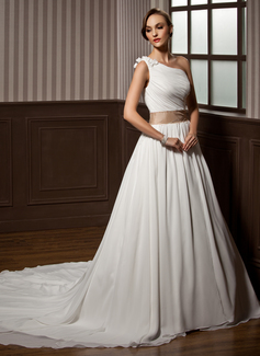 Robe de Mariée Ligne-A/Princesse Une epaule Traîne Chapelle Mousseline Charmeuse Robe de Mariée avec Ondulé Echarpes Perlé Fleurs (002011564) Robe de Mariée Ligne-A/Princesse Une epaule Traîne Chapelle Mousseline Charmeuse Robe de Mariée avec Ondulé Echarpes Perlé Fleurs (002011564)