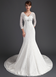 Robe de Mariée Sirene Col V Traine courte Satin Dentelle Robe de Mariée avec Perlé (002011525) Robe de Mariée Sirene Col V Traine courte Satin Dentelle Robe de Mariée avec Perlé (002011525)
