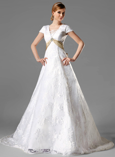 Robe de Mariée Ligne-A/Princesse Encolure carrée Traîne Chapelle Satin Dentelle Robe de Mariée avec Dentelle Echarpes Broche florale en cristal (002000125) Robe de Mariée Ligne-A/Princesse Encolure carrée Traîne Chapelle Satin Dentelle Robe de Mariée avec Dentelle Echarpes Broche florale en cristal (002000125)