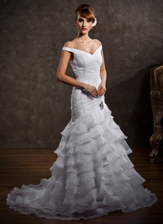 Robe de Mariée Ligne-A/Princesse Hors épaule Traine longue Organza Satin Robe de Mariée avec Ondulé Dentelle Perlé (002008188)