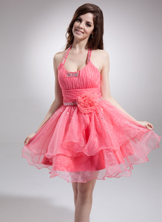 Sweet Sixteen Dresses A-Line/Princess Halter Short/Mini Organza Homecoming Dress With Ruffle Beading Flower(s) (022021050)