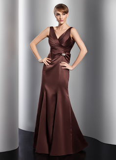 Avondjurken Zeemeermin V-nek Vloerlengte Satin Avondjurk met Roes Kristal Bloemen Pin (017014758) Avondjurken Zeemeermin V-nek Vloerlengte Satin Avondjurk met Roes Kristal Bloemen Pin (017014758)