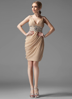 Cocktail Dresses Sheath V-neck Knee-Length Chiffon Cocktail Dress With Ruffle Beading (016002945)