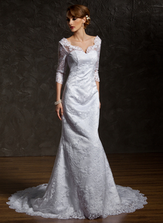 Robe de Mariée Sirene Col V Traine courte Satin Dentelle Robe de Mariée avec Perlé (002011518)