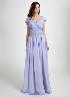 Robe de Bal de Promo Ligne-A/Princesse Col V Longeur au sol mousseline de soie Robe de Bal de Promo avec Ondulé Perles Sequins (008015801)