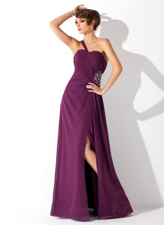 Robe de Bal de Promo Ligne-A/Princesse Une epaule Longeur au sol Mousseline Robe de Bal de Promo avec Ondulé Brodé (018004872)