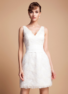 Robe de Mariée Coupe droite Col V Court/Mini Satin Robe de Mariée avec Dentelle (002011935) Robe de Mariée Coupe droite Col V Court/Mini Satin Robe de Mariée avec Dentelle (002011935)